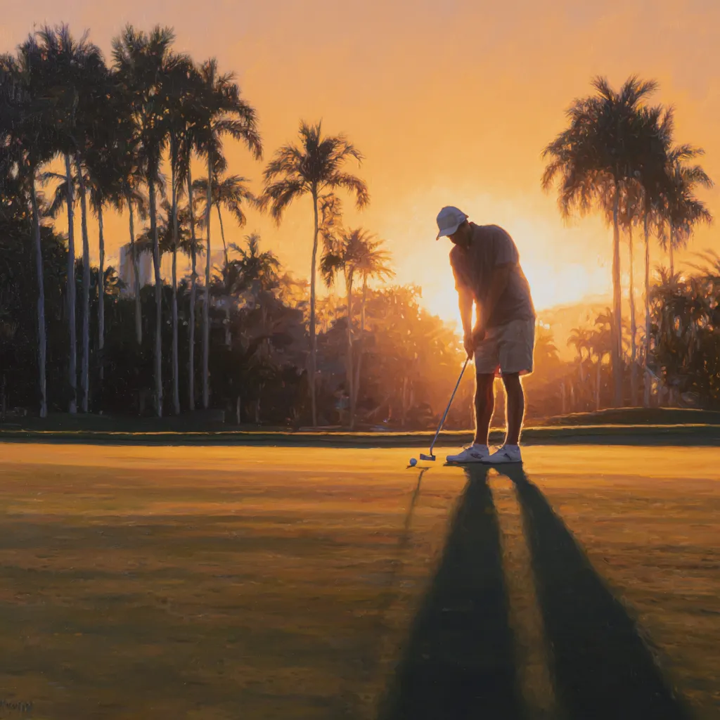 Golfer on the putting green at sunset